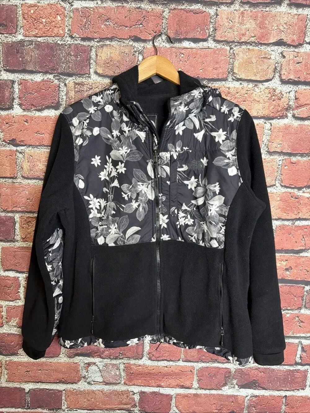 North Face Jacket Womens L Black Floral Print Full Zip Fleece Winter Denali